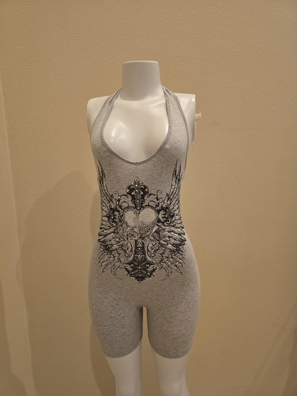 Women's Gray Sleeveless Graphic Romper Jumpsuit